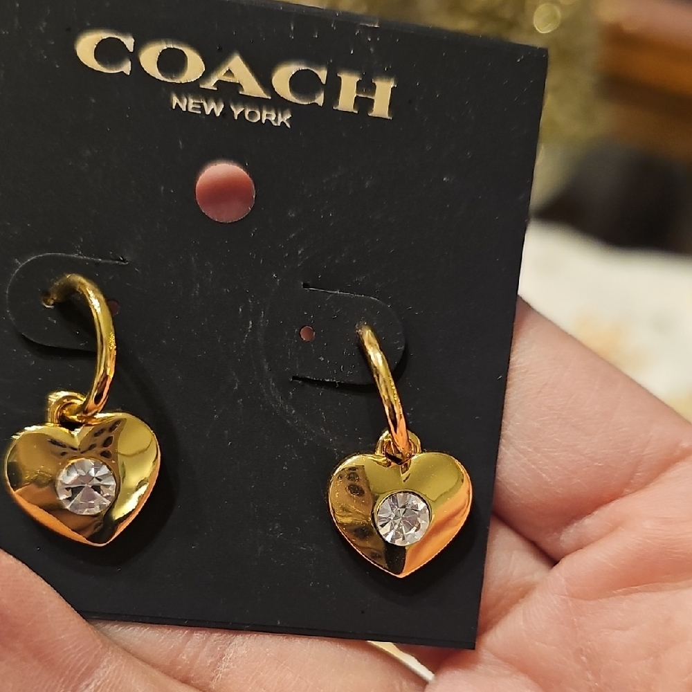Coach Gold Heart Earrings with Crystal Accent - Picture 6 of 6